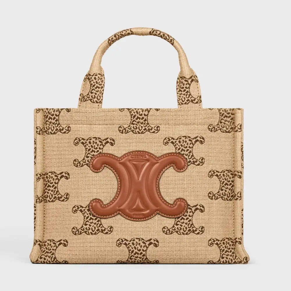Celine Small Cabas Thais In Raffia Effect Textile With Leopard Triomphe Natural Tan