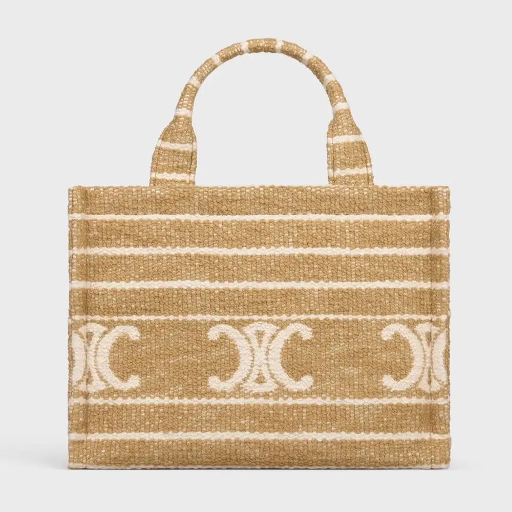 Celine Small Cabas Thais In Striped Textile With Triomphe Tobacco