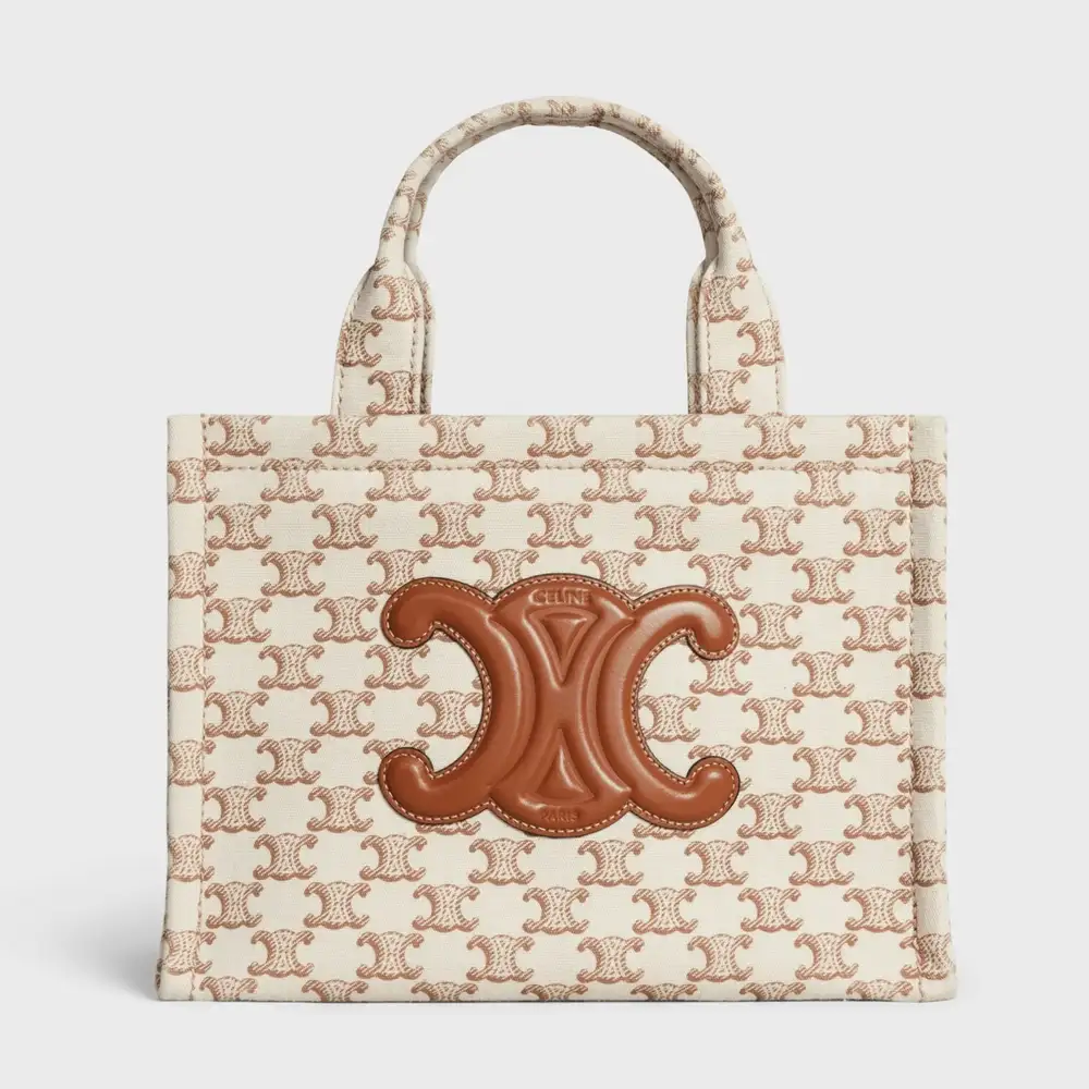 Celine Small Cabas Thais In Textile With Triomphe Canvas Print And Calfskin White