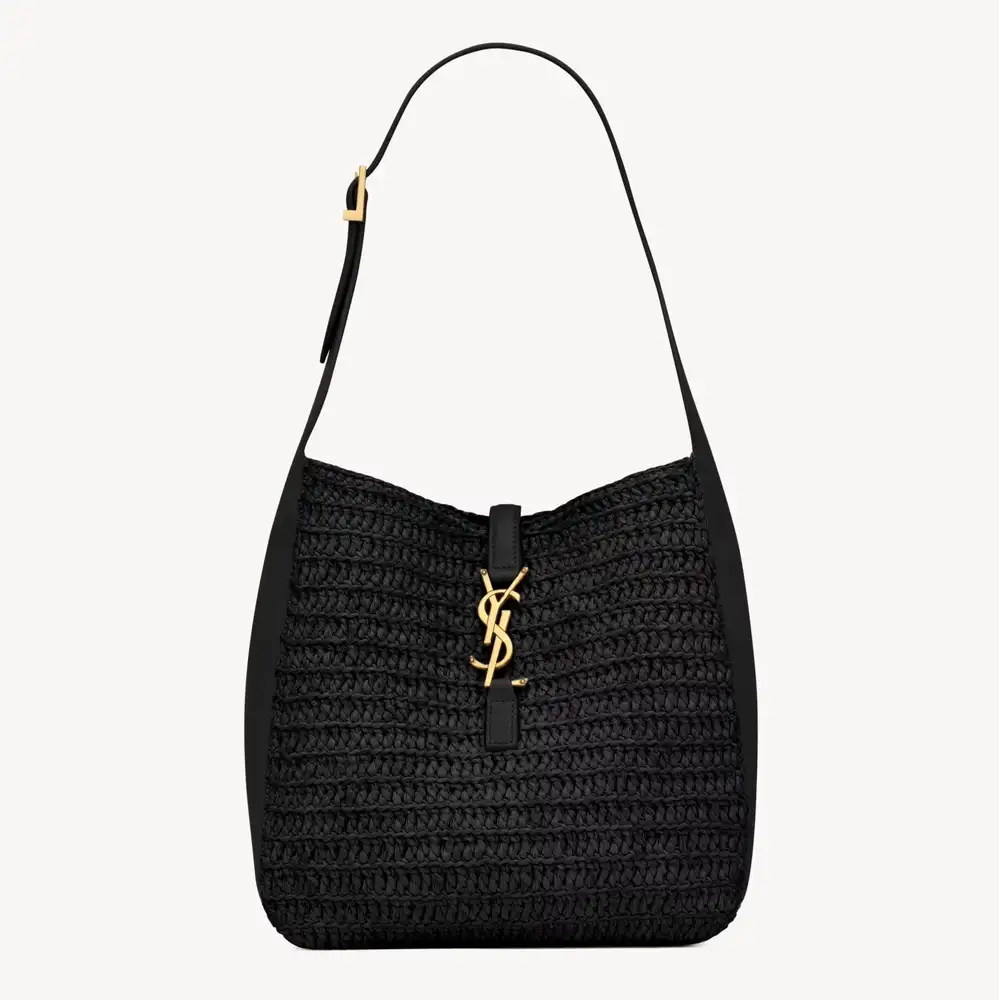 Saint Laurent Le 5 À 7 Supple Small In Raffia And Leather Noir