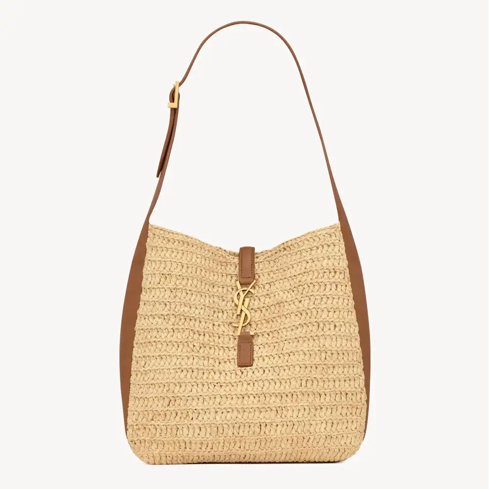 Saint Laurent Le 5 À 7 Supple Small In Raffia And Leather Pale Brown And Brick