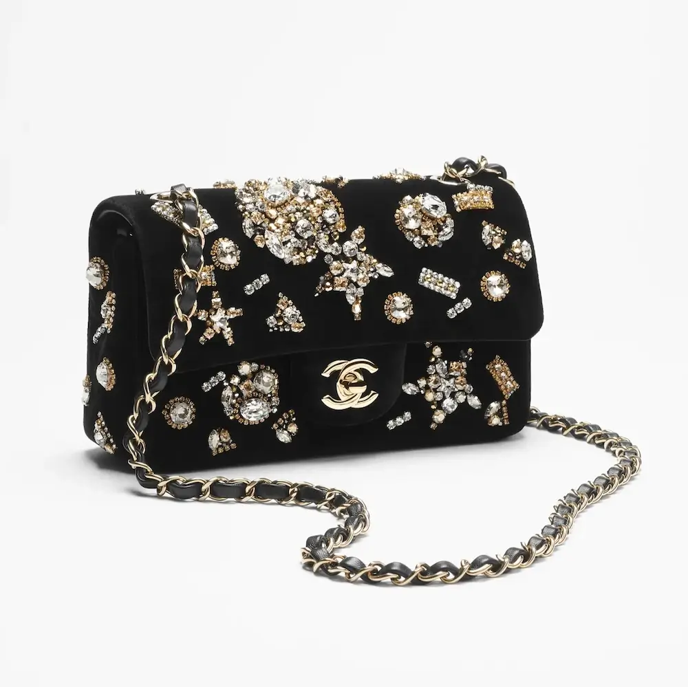 chanel mini classic handbag velvet strass imitation pearls gold tone metal A69900B22424U4568