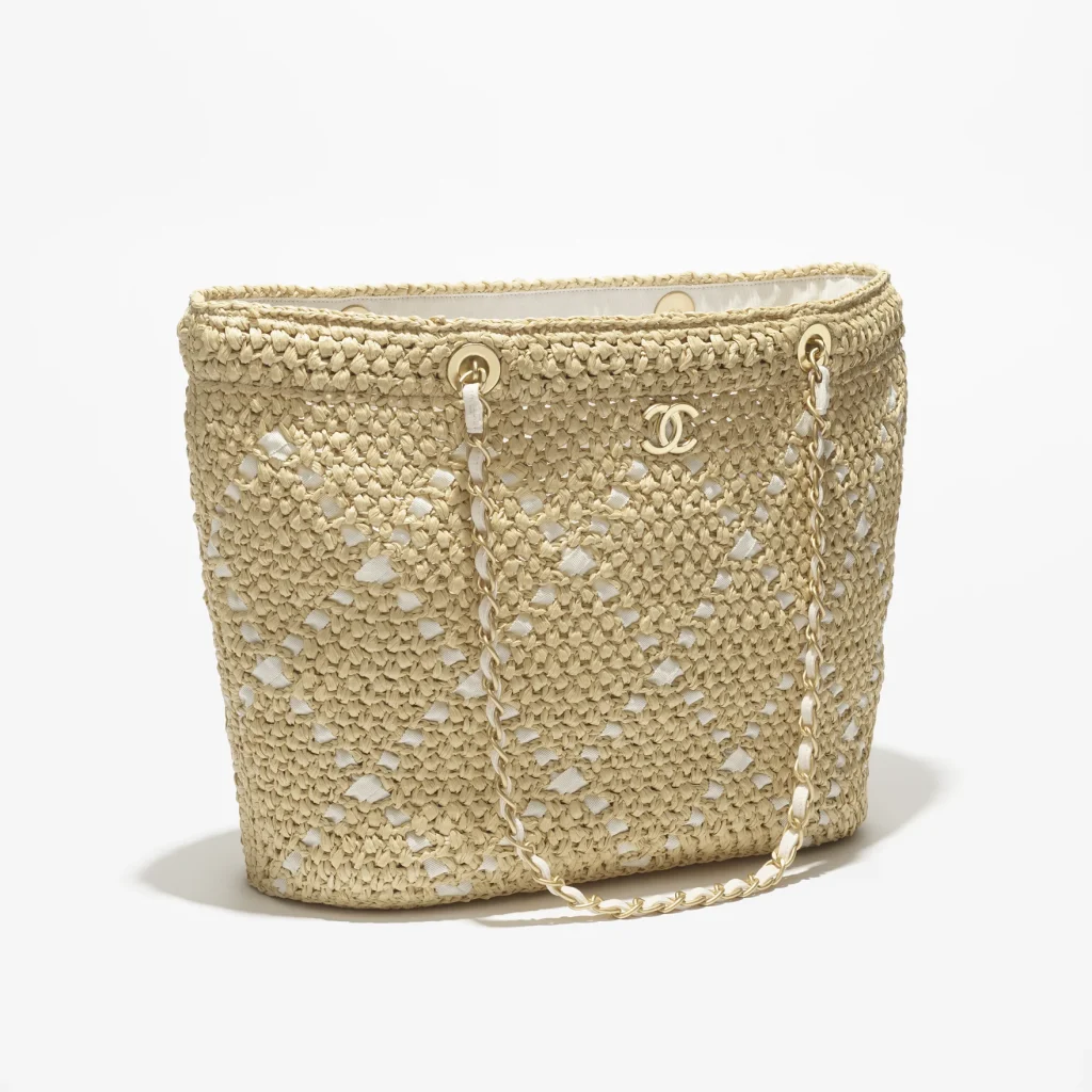 Chanel large shopping bag braided raffia cotton grosgrain ribbon gold tone metal AS5823B22059U6019 #2