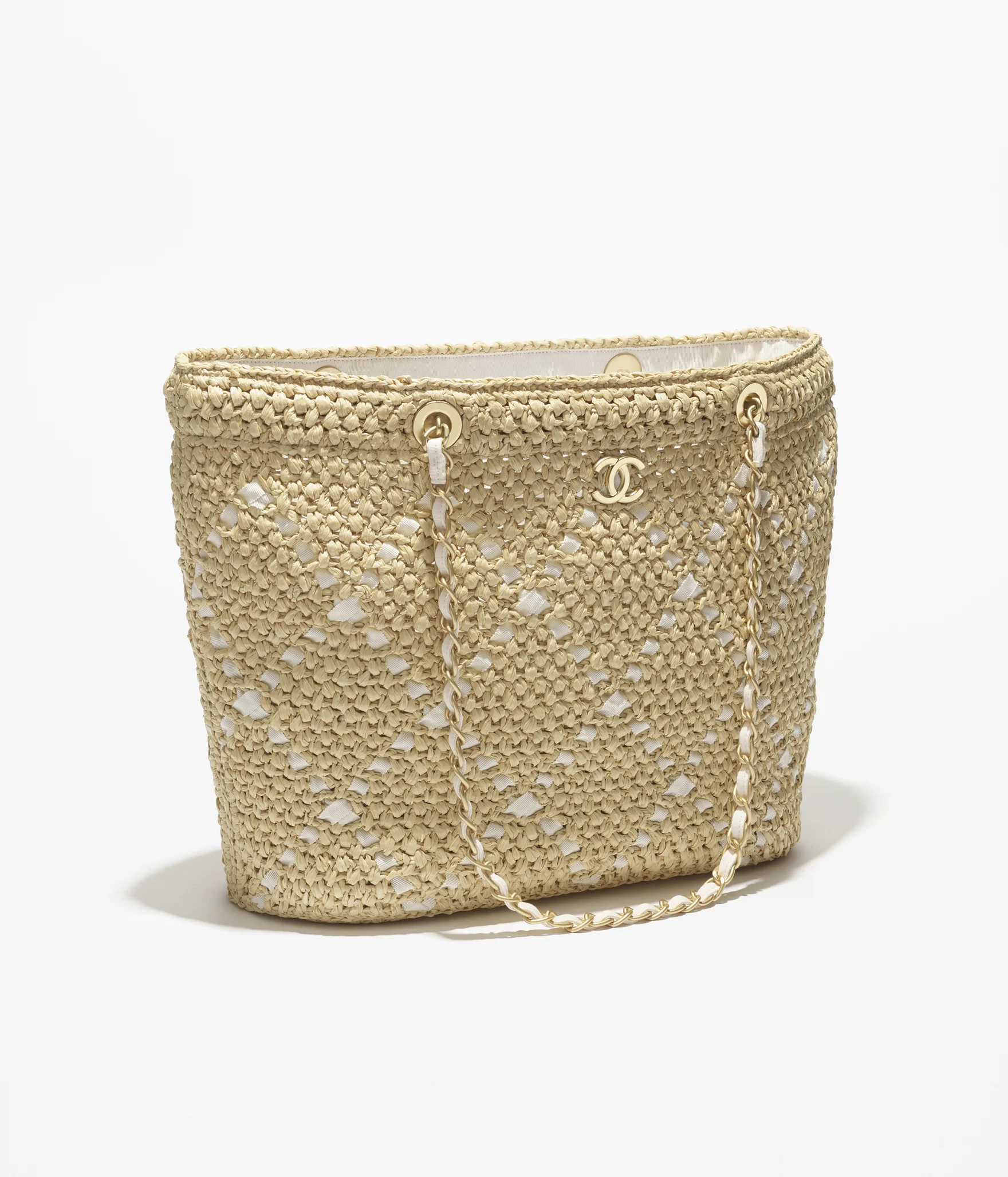 Chanel large shopping bag braided raffia cotton grosgrain ribbon gold tone metal AS5823B22059U6019 #2