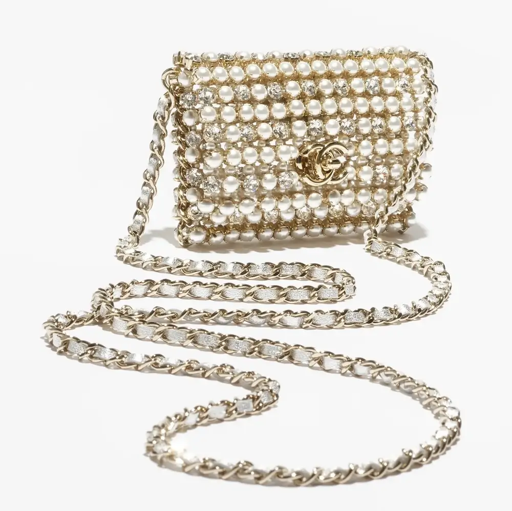 Chanel mini evening bag strass imitation pearls gold tone metal AS5960B23051U5763 #2