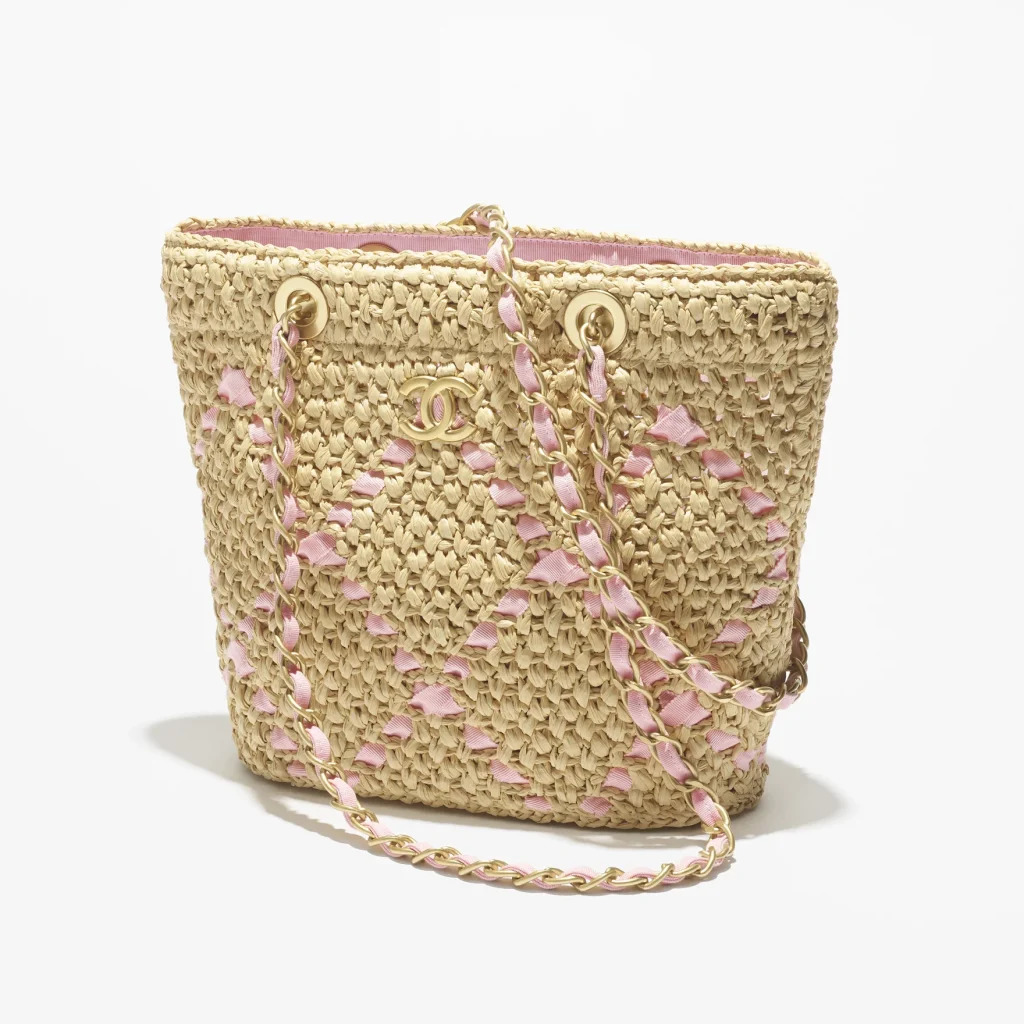 Chanel small shopping bag braided raffia cotton grosgrain ribbon gold tone metal AS5811B22059U6018 #2