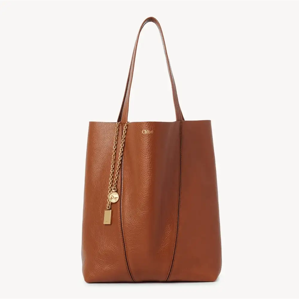 Chloé Spin Tote Bag In Grained Leather Clay Brown