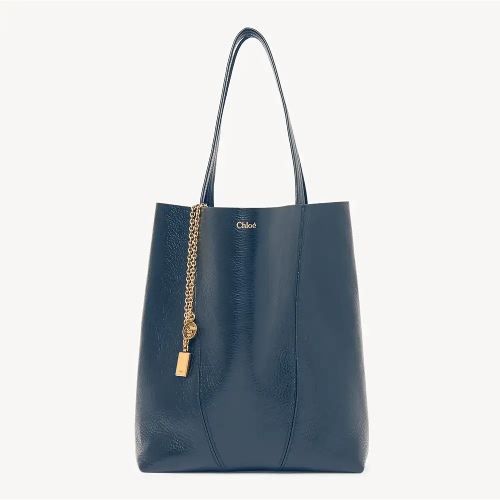 Chloé Spin Tote Bag In Grained Leather Tapestry Blue