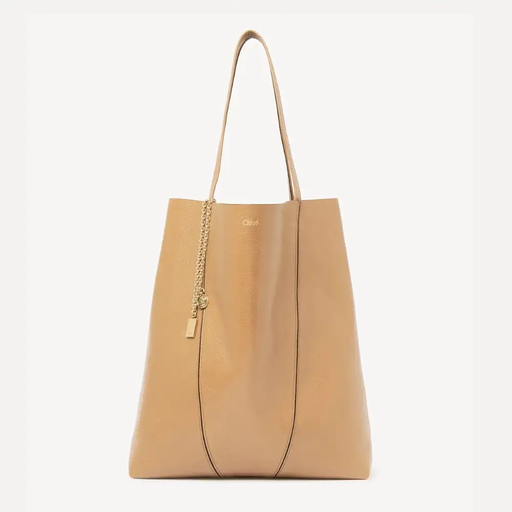 Large Chloé Spin Tote Bag In Grained Leather Milky Brown