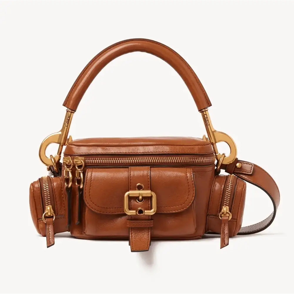 Small Camera Bag In Shiny Leather Clay Brown