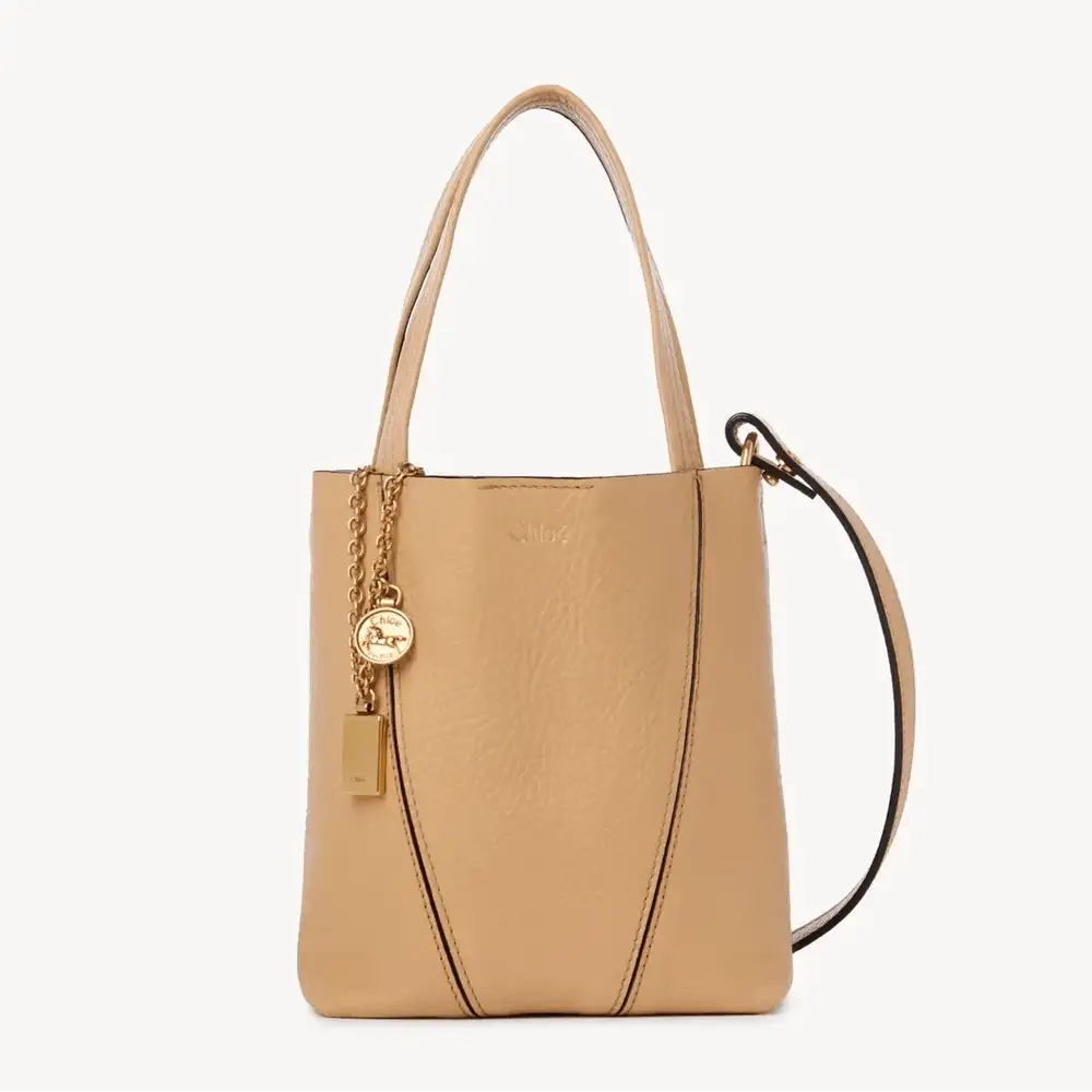 Small Chloé Spin Tote Bag In Grained Leather Milky Brown