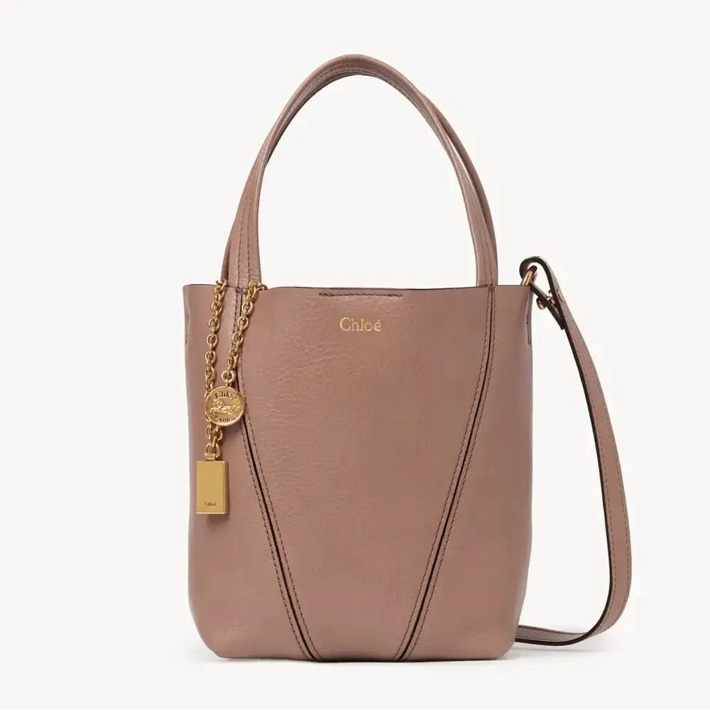 Small Chloé Spin Tote Bag In Grained Leather Woodrose