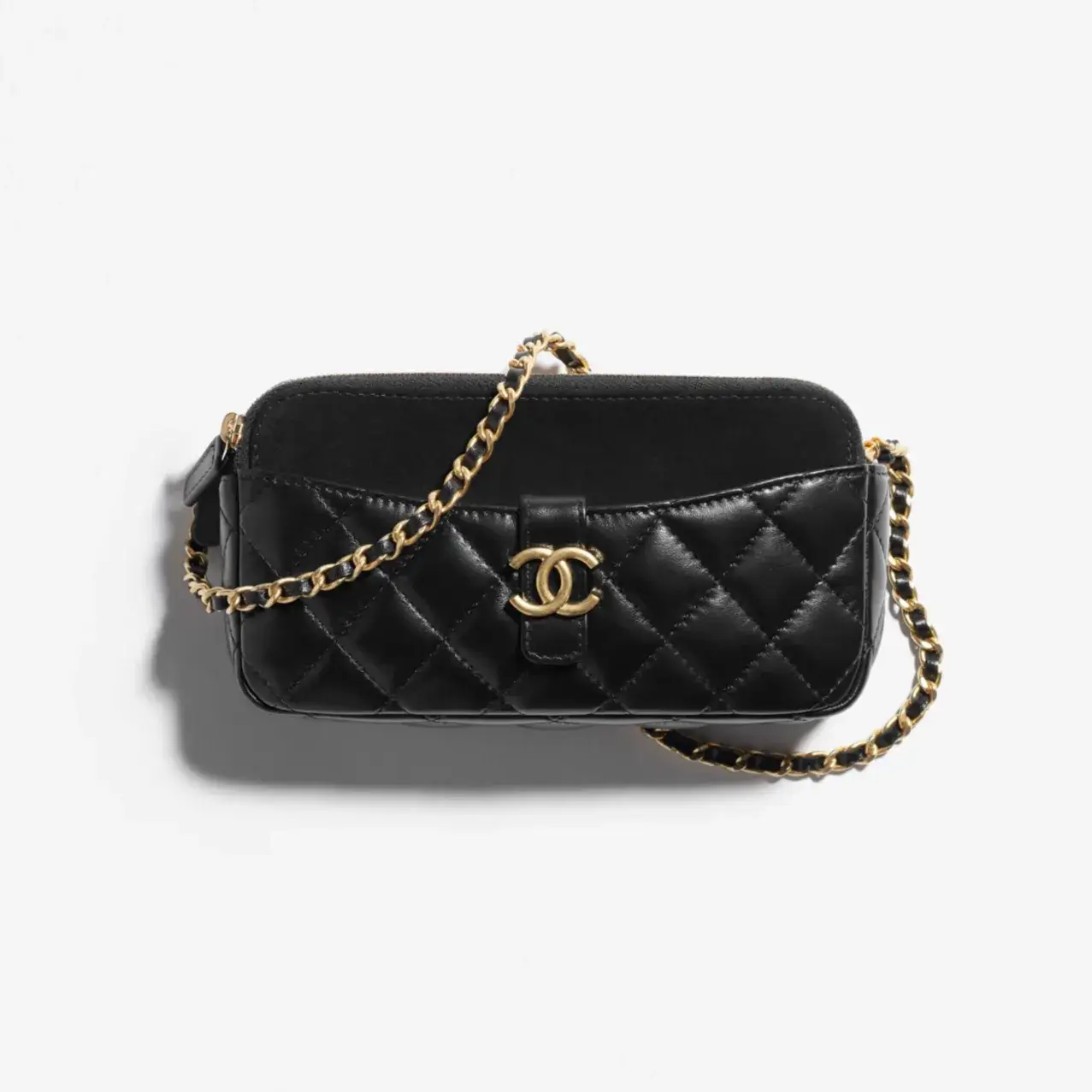 Chanel zipped phone holder with chain suede calfskin shiny lambskin gold tone metal AP4743B2068594305