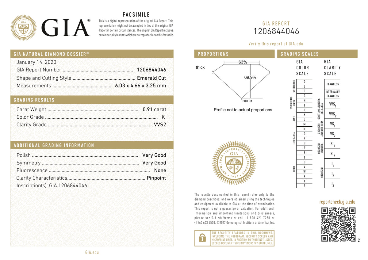 GIA Certified 0.91 Ct Emerald cut K VVS2 Loose Diamond