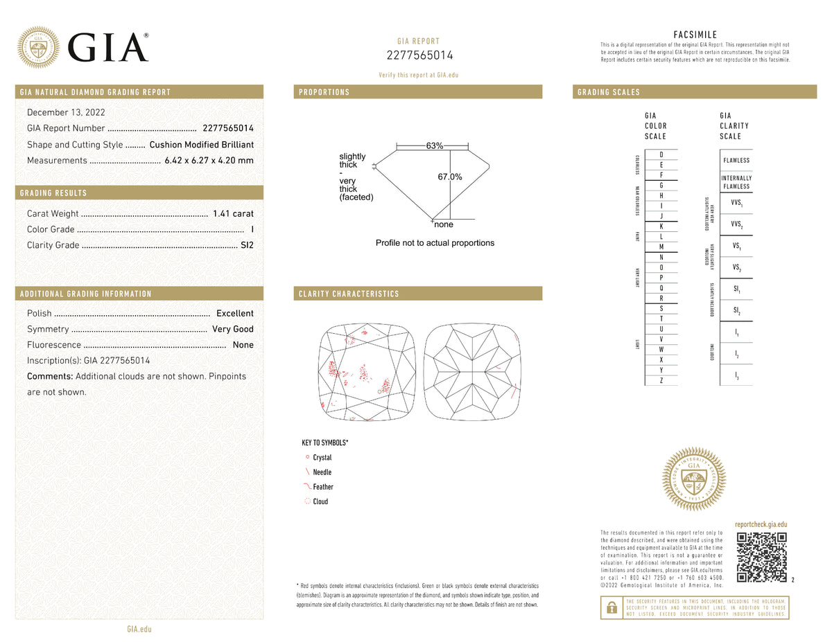 GIA Certified 1.41 Ct Cushion cut I SI2 Loose Diamond