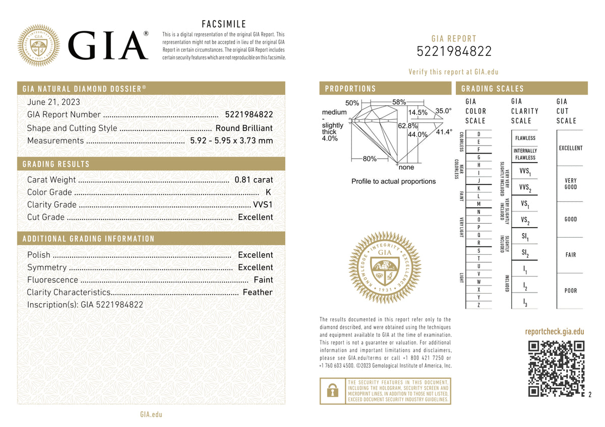 GIA Certified 0.81 Ct Round cut K VVS1 Loose Diamond