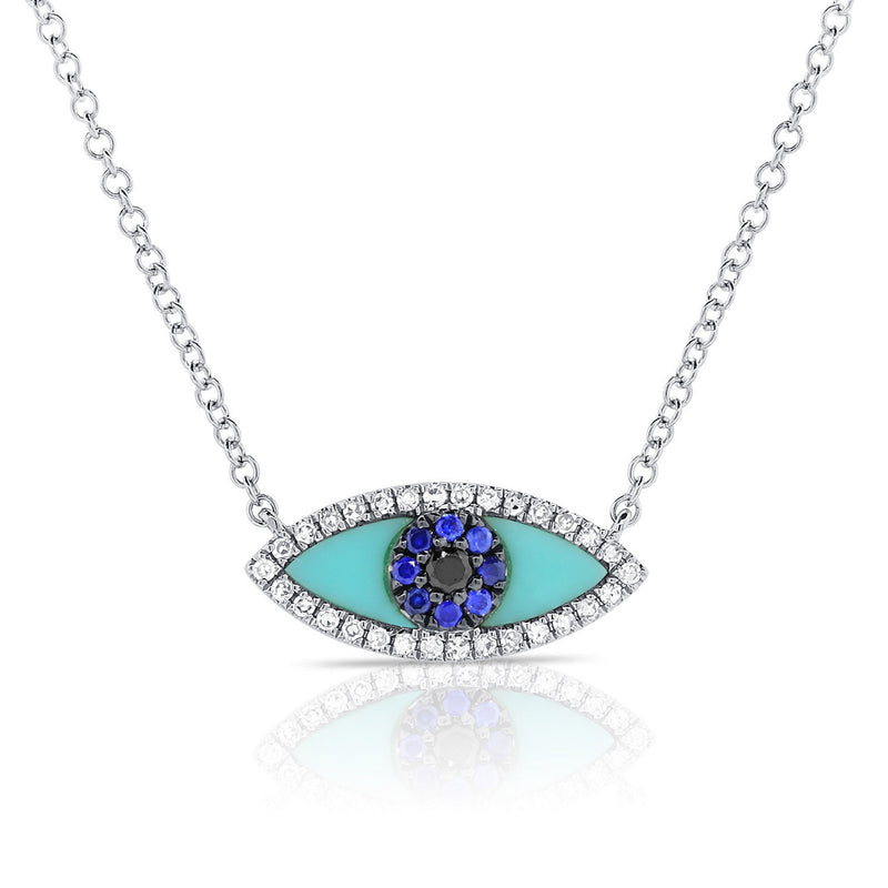 Diamond Turquoise Evil Eye Necklace in 14K White Gold