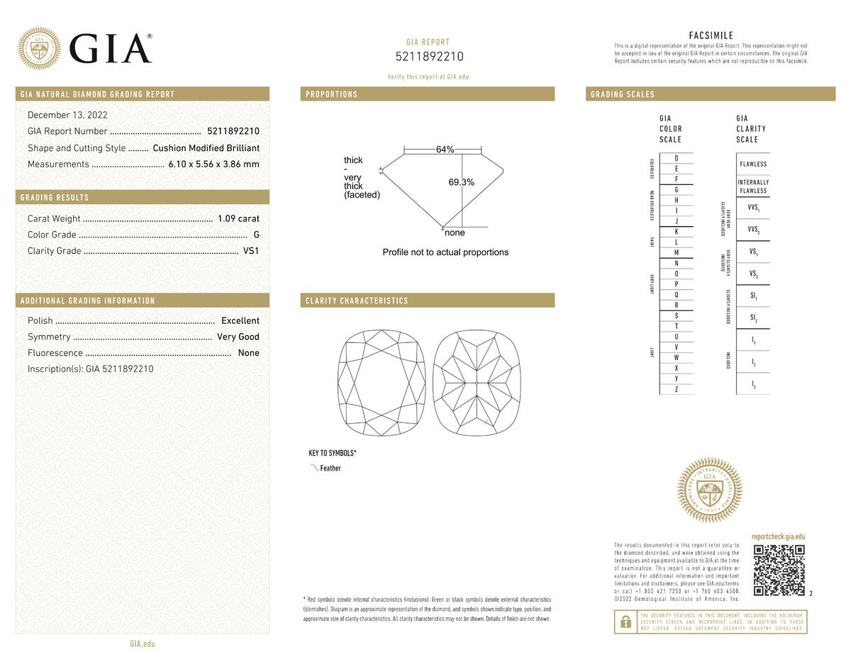 GIA Certified 1.09 Ct Cushion cut G VS1 Loose Diamond