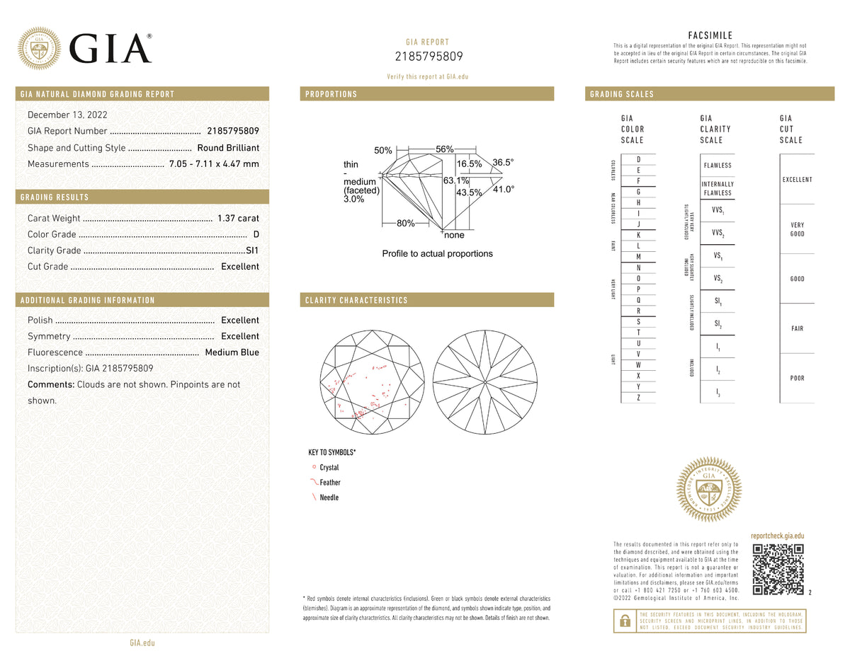 GIA Certified 1.37 Ct Round cut D SI1 Loose Diamond