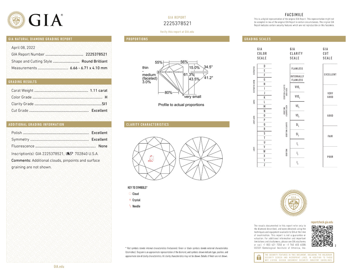 GIA Certified 1.11 Ct Round cut H SI1 Loose Diamond