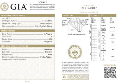 GIA Certified 0.71 Ct Round cut D VS2 Loose Diamond