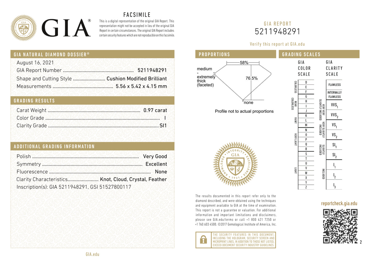 GIA Certified 0.97 Ct Cushion cut I SI1 Loose Diamond