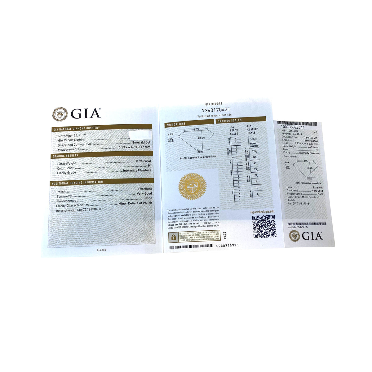 GIA Certified 0.91 Ct Emerlad cut H IF Loose Diamond