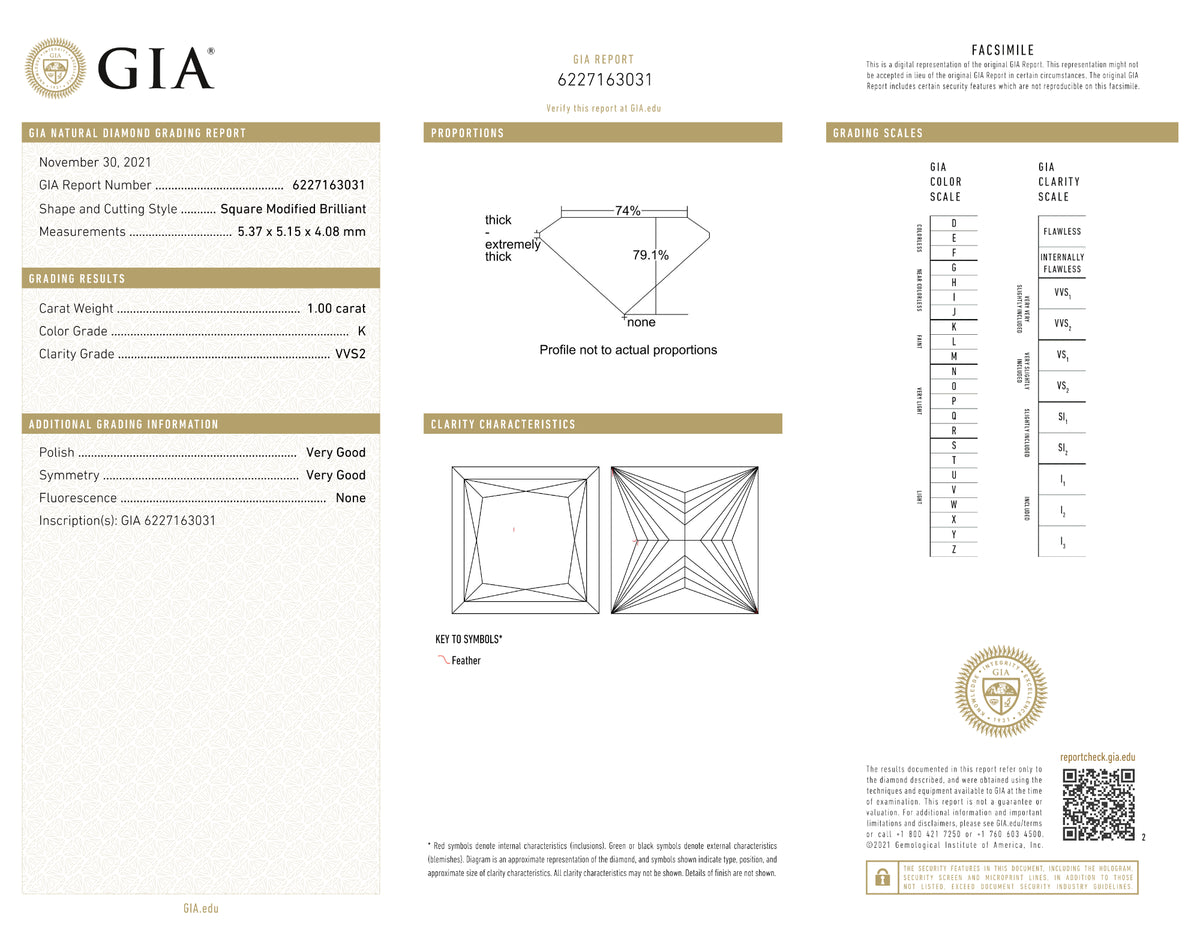 GIA Certified 1.00 Ct Princess cut K VVS2 Loose Diamond