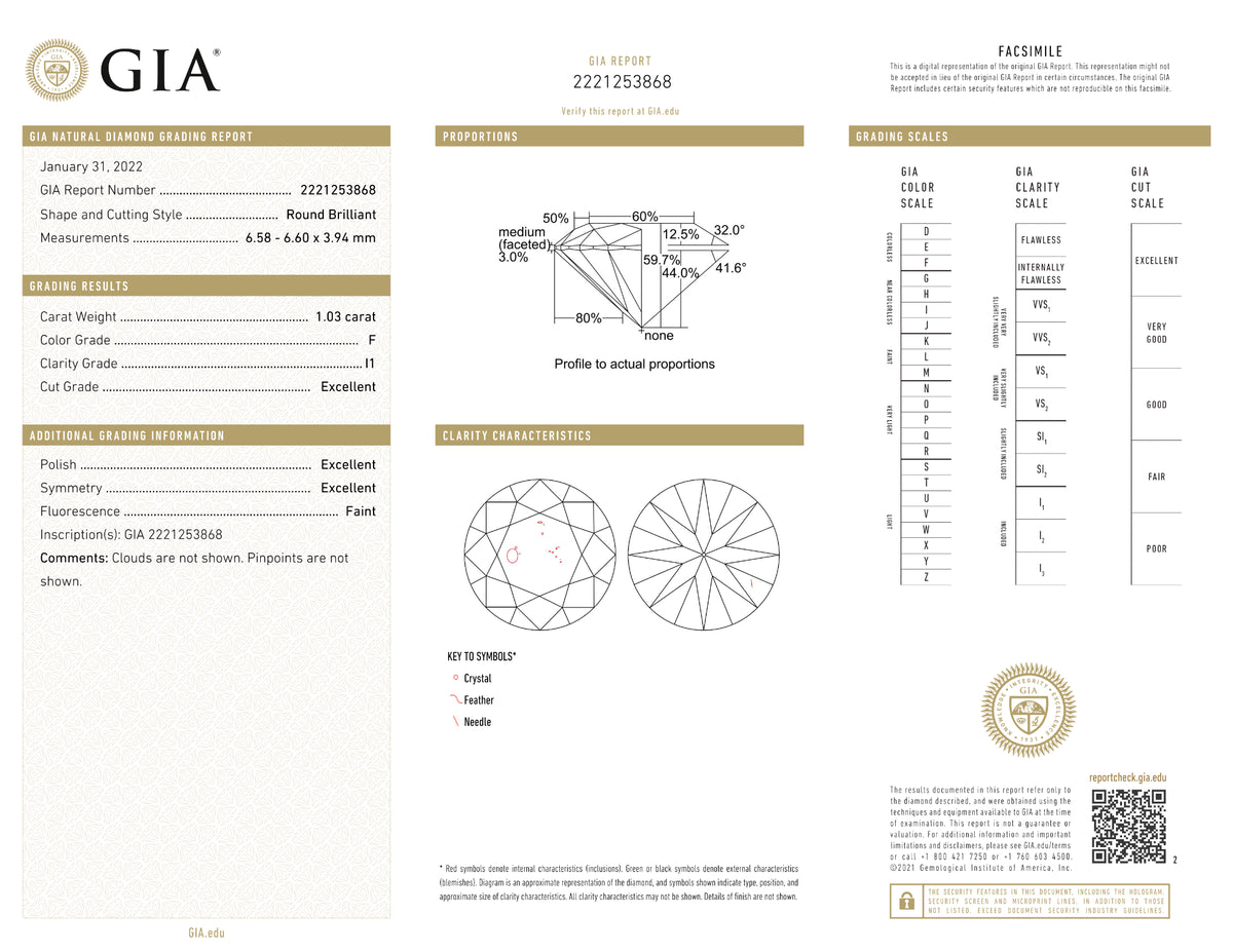 GIA Certified 1.03 Ct Round cut F I1 Loose Diamond