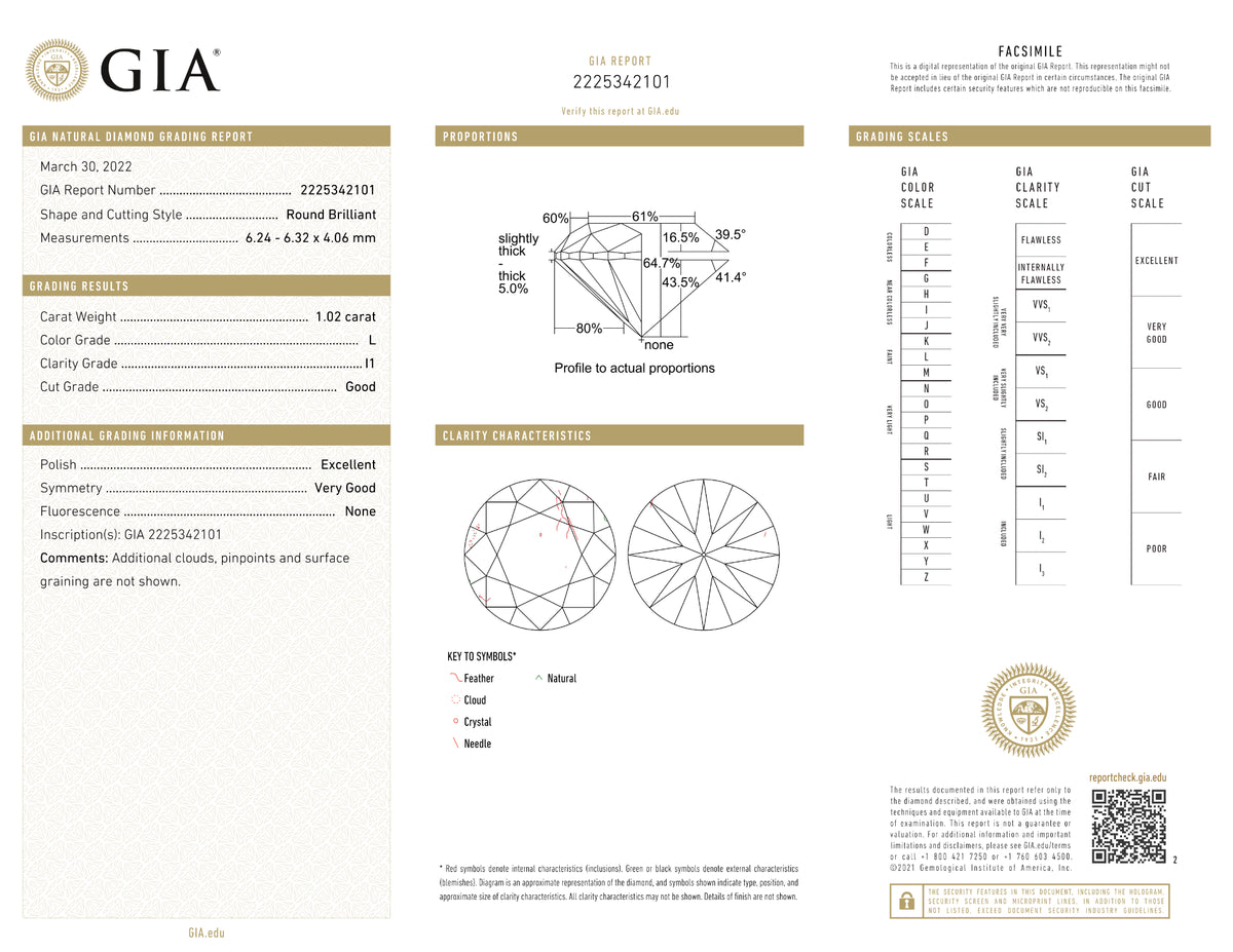 GIA Certified 1.02 Ct Round cut L I1 Loose Diamond