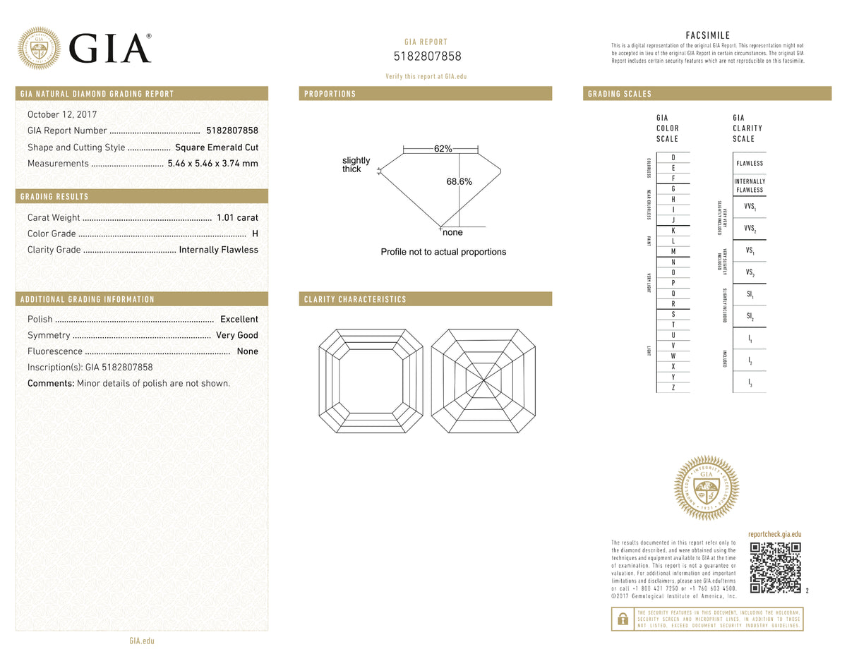 GIA Certified 1.01 Ct Square Emerald cut H IF Loose Diamond