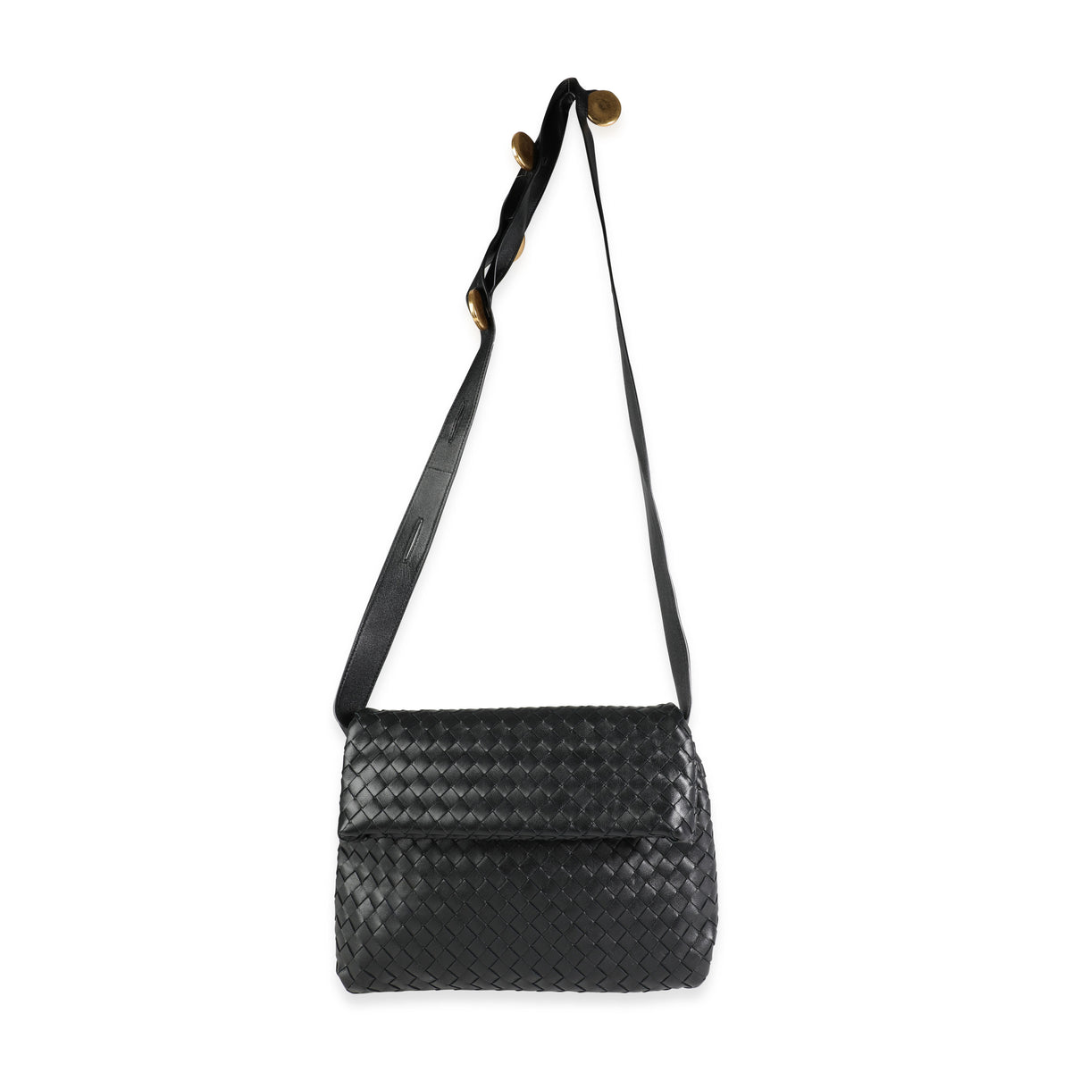 Black Intrecciato Leather Fold Crossbody Bag