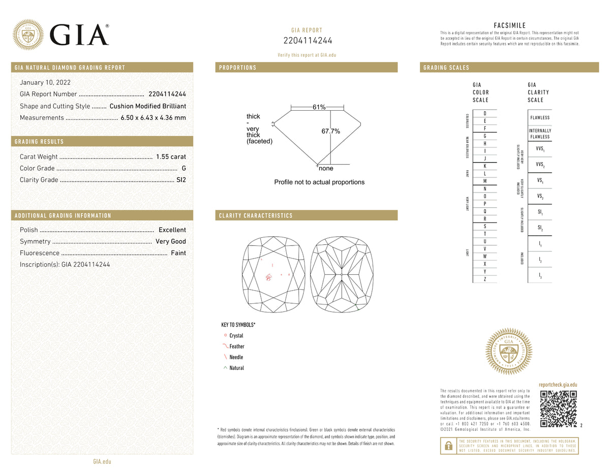 GIA Certified 1.55 Ct Cushion cut G SI2 Loose Diamond