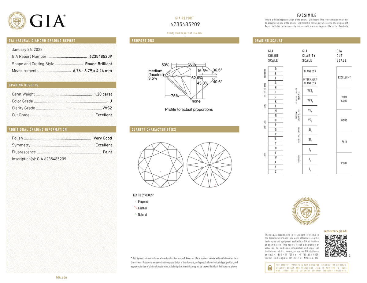 GIA Certified 1.20 Ct Round cut J VVS2 Loose Diamond