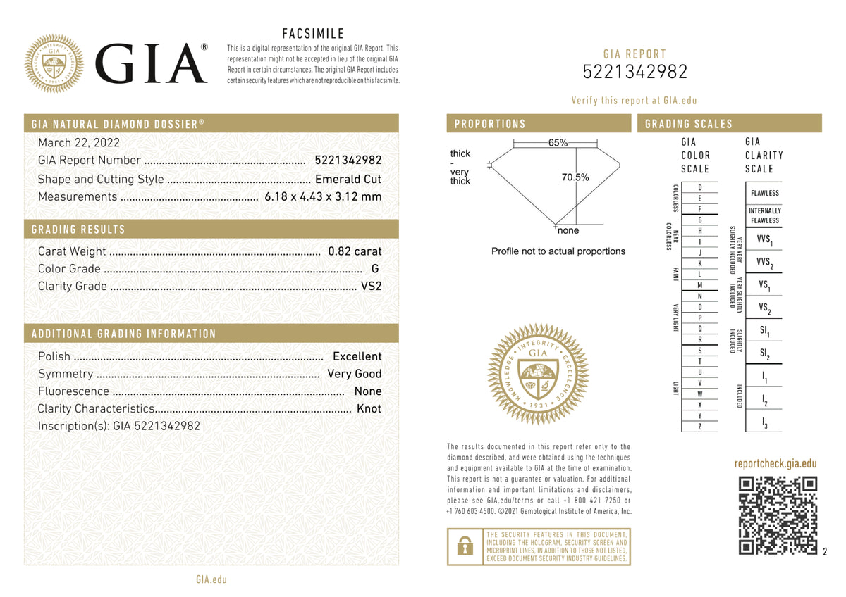 GIA Certified 0.82 Ct Emerald cut G VS2 Loose Diamond