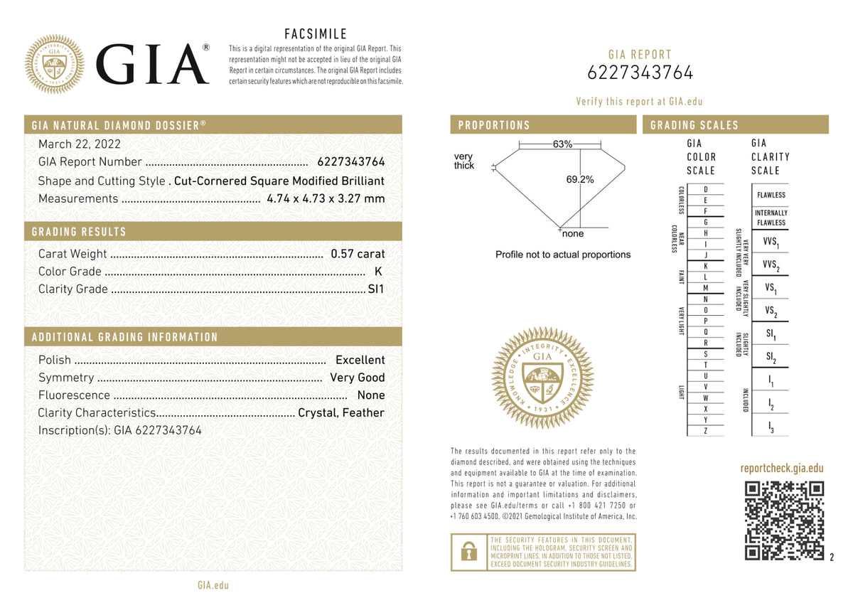 GIA Certified 0.57 Ct Radiant cut K SI1 Loose Diamond