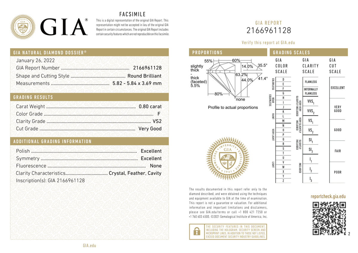 GIA Certified 0.80 Ct Round cut F VS2 Loose Diamond