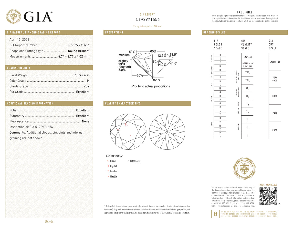 GIA Certified 1.09 Ct Round cut H VS2 Loose Diamond