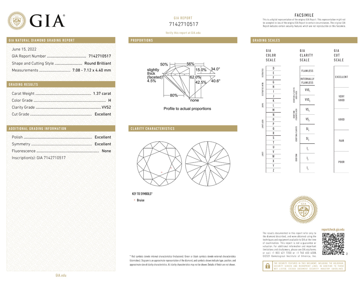 GIA Certified 1.37 Ct Round cut H VVS2 Loose Diamond