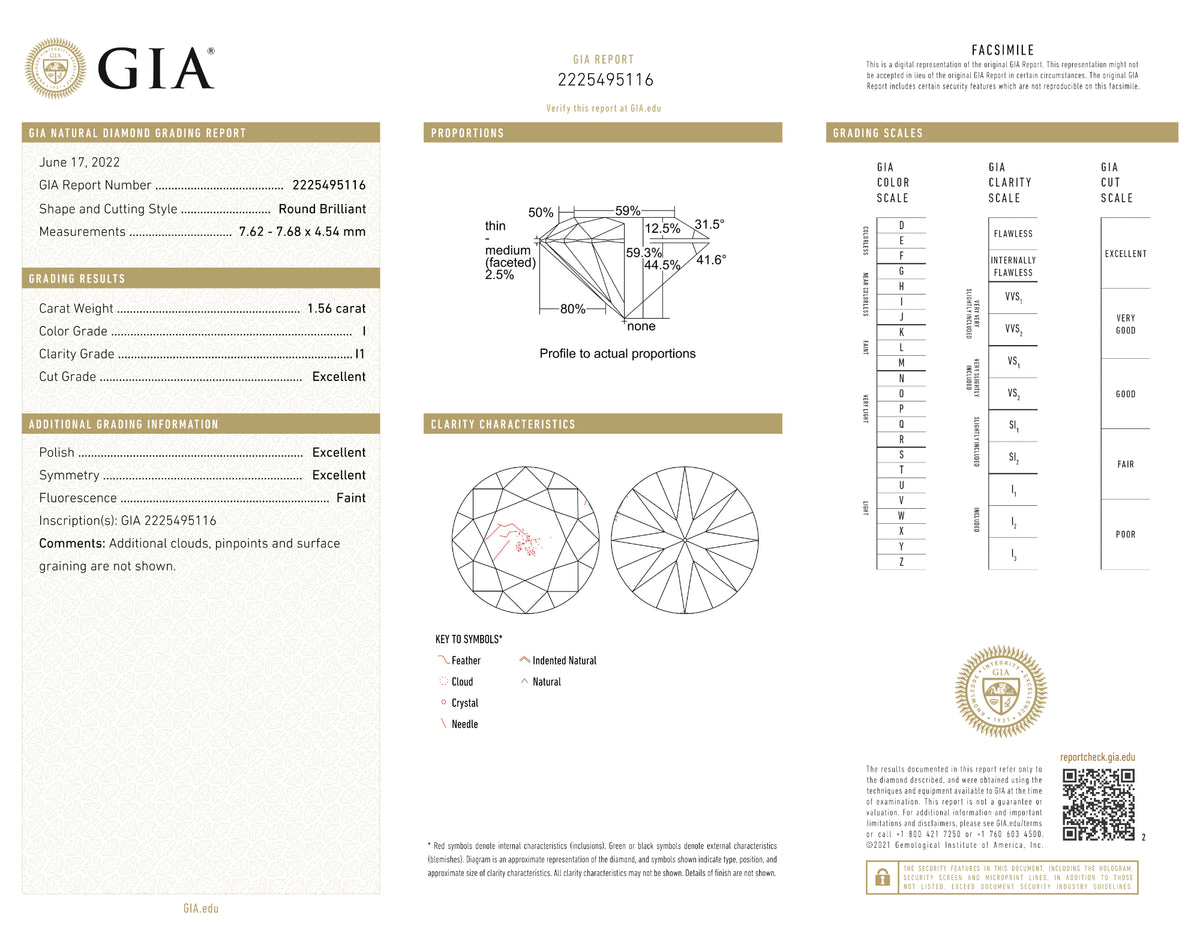 GIA Certified 1.56 Ct Round cut I I1 Loose Diamond