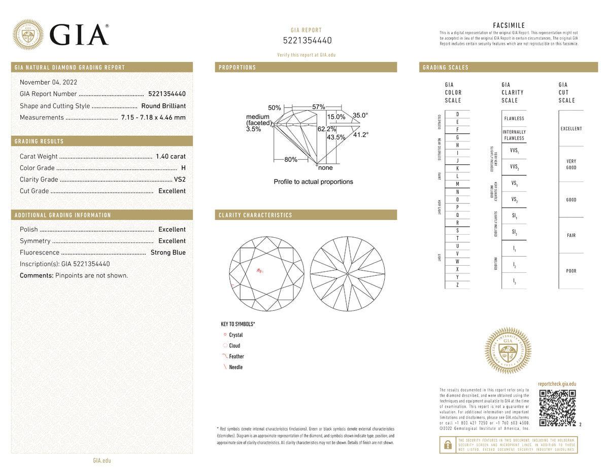 GIA Certified 1.40 Ct Round cut H VS2 Loose Diamond