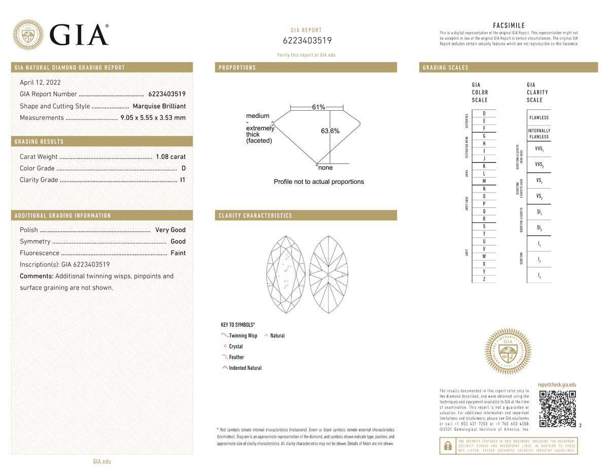 GIA Certified 1.08 Ct Marquise cut D I1 Loose Diamond