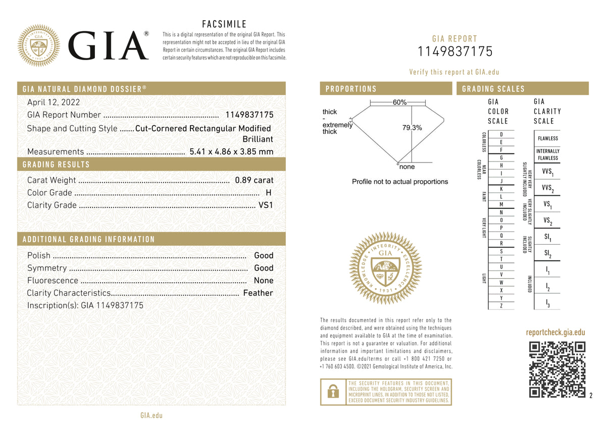 GIA Certified 0.89 Ct Radiant cut H VS1 Loose Diamond