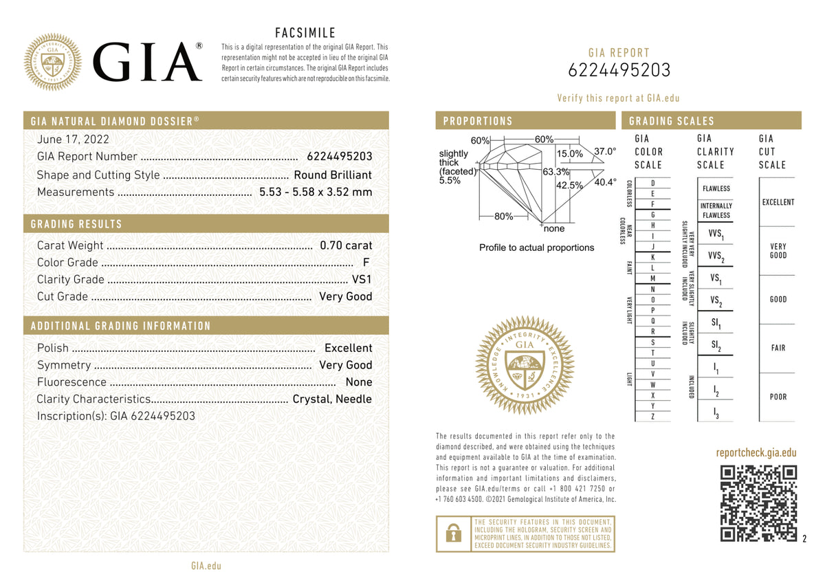 GIA Certified 0.70 Ct Round cut F VS1 Loose Diamond