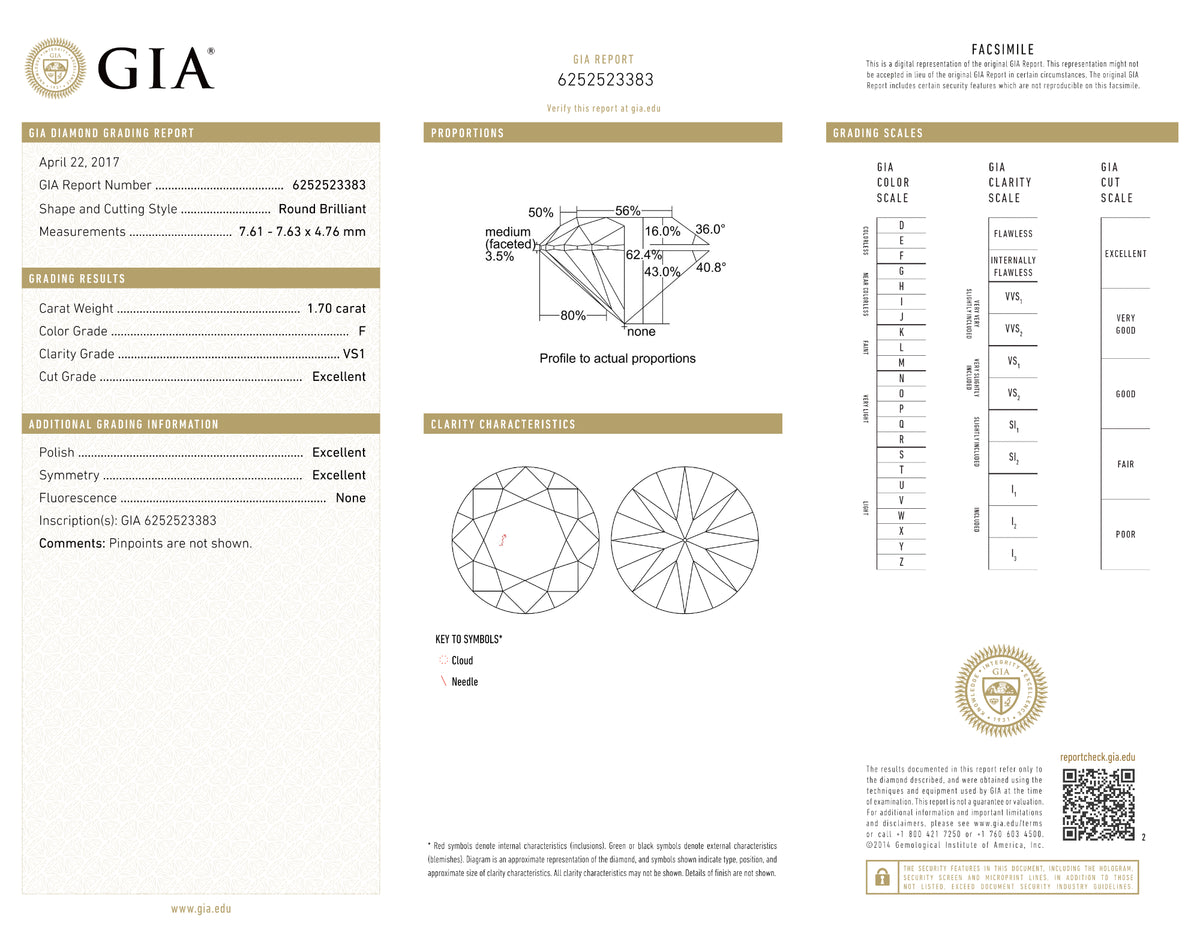 GIA Certified 1.70 Ct Round cut F VS1 Loose Diamond