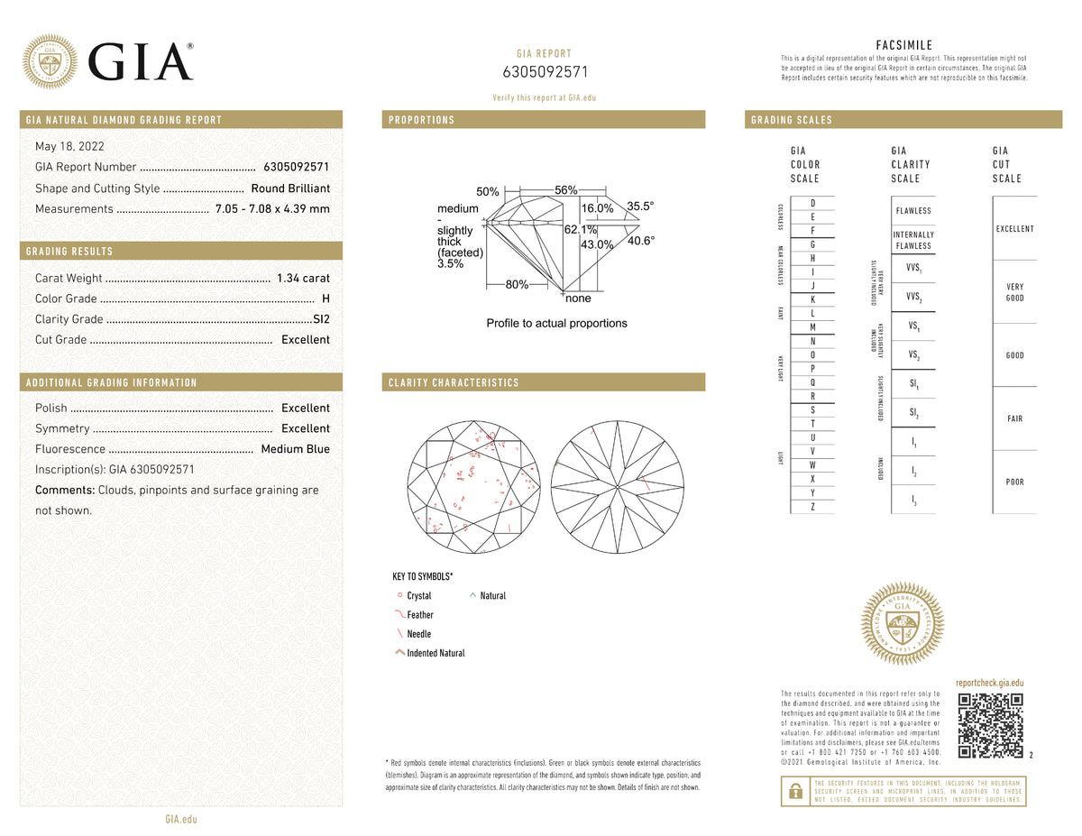 GIA Certified 1.34 Ct Round cut H SI2 Loose Diamond