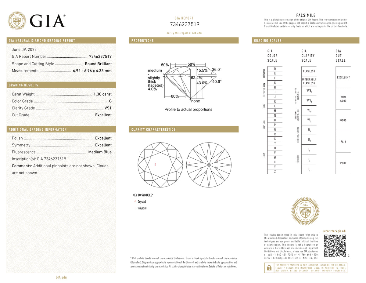 GIA Certified 1.30 Ct Round cut G VS1 Loose Diamond