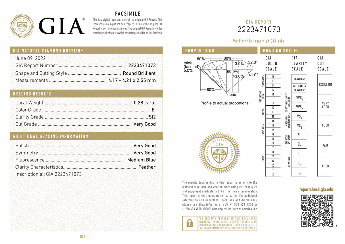 GIA Certified 0.28 Ct Round cut E SI2 Loose Diamond