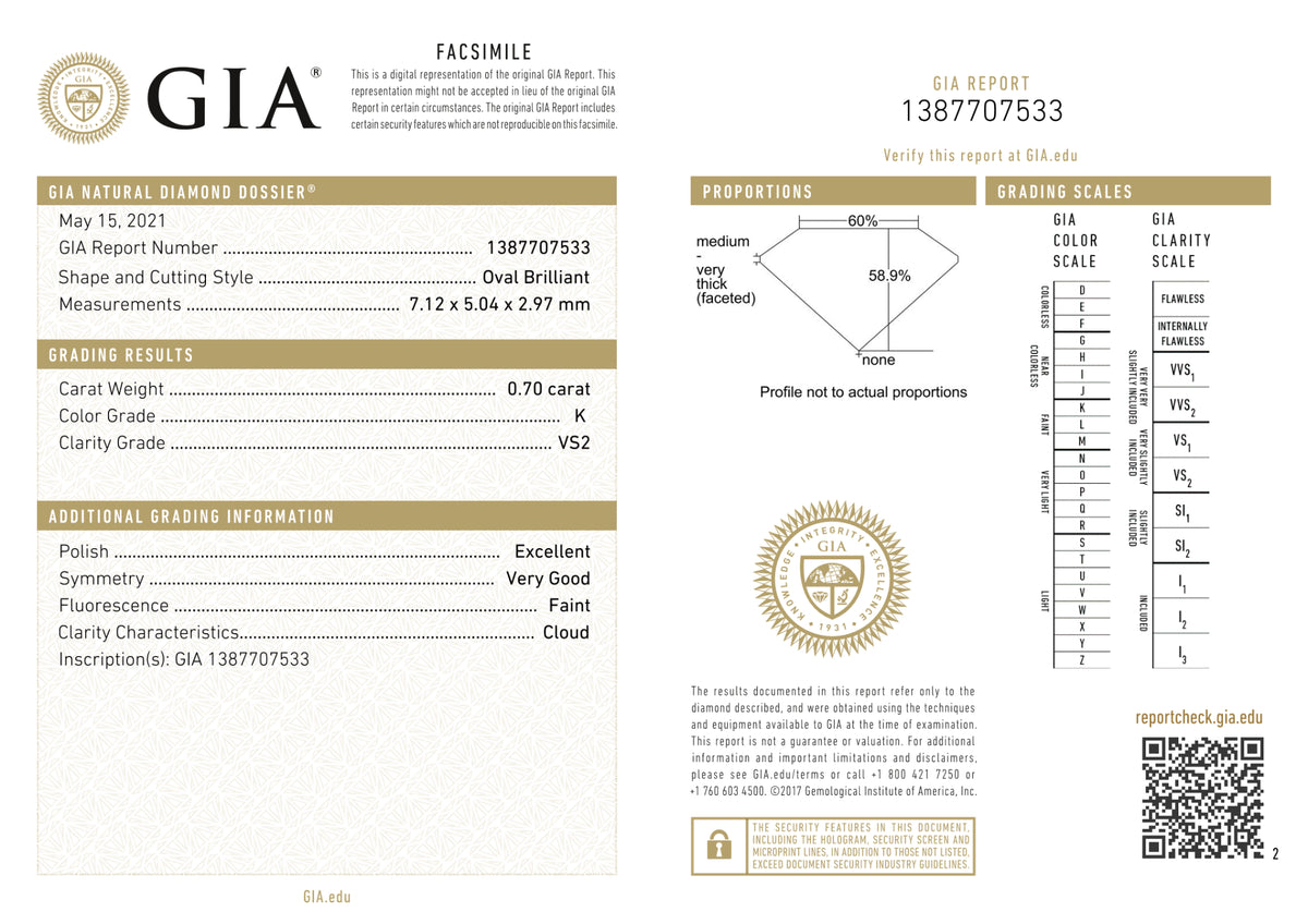 GIA Certified 0.70 Ct Oval cut K VS2 Loose Diamond