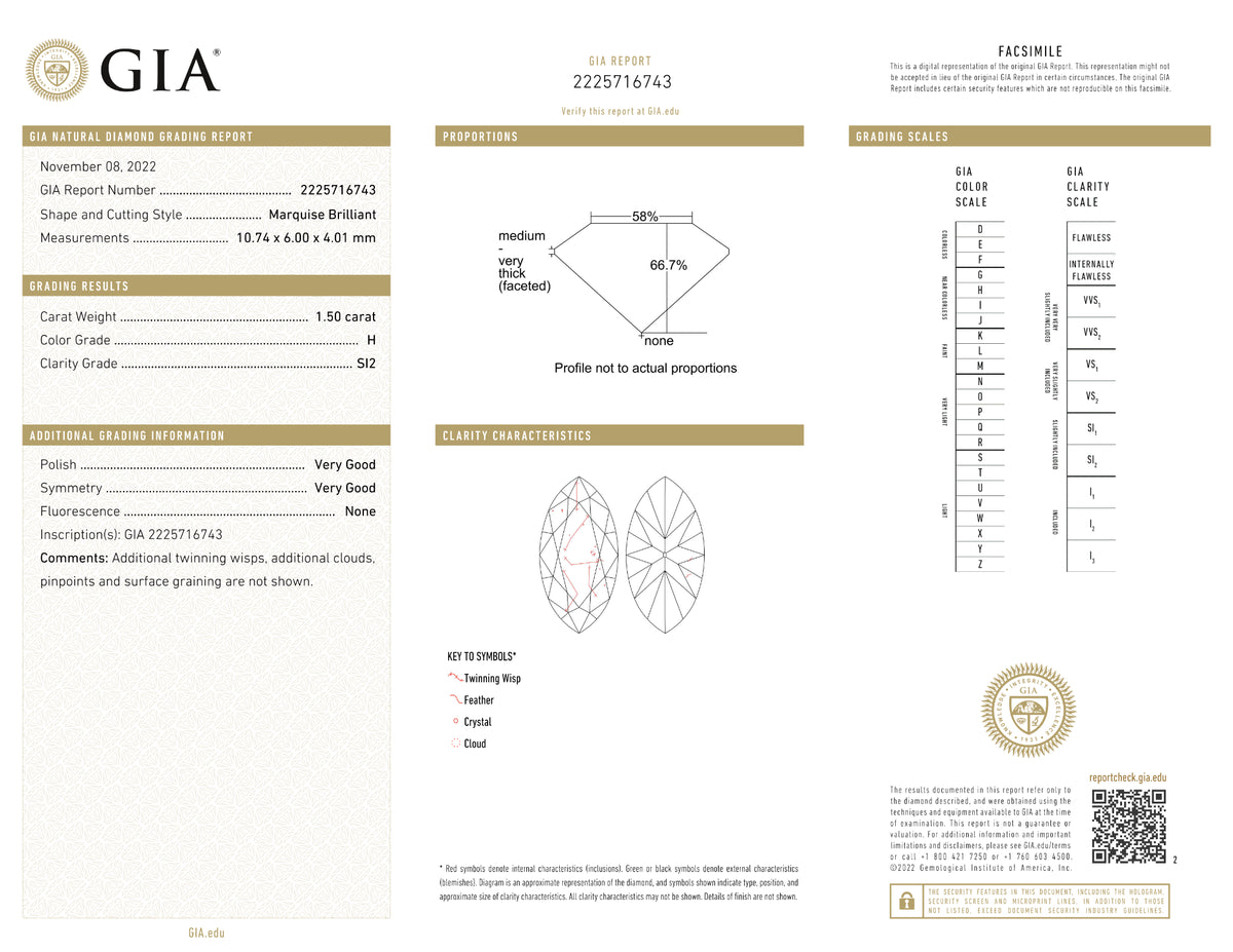 GIA Certified 1.50 Ct Marquise cut H SI2 Loose Diamond